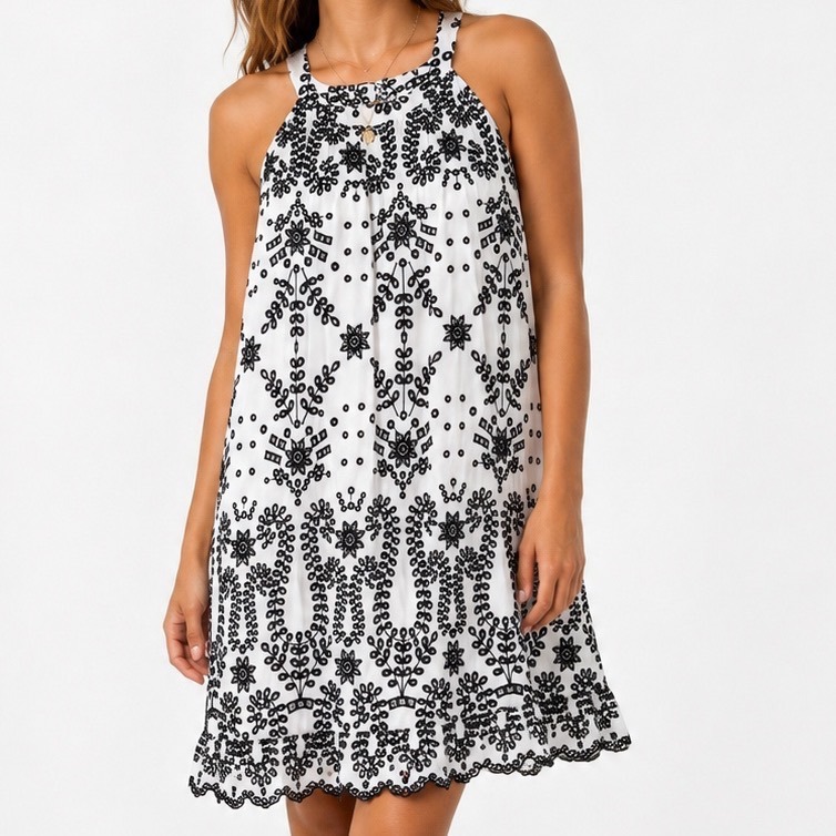 Maison Jules Womens Small White Navy Blue Eyelet Embroidered Halter Mini Dress